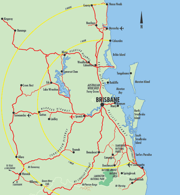 Map of South East Queensland with distances from Brisbane